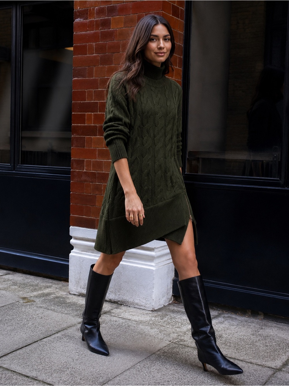 Retrofête Kenna Army Green Cable Knit Sweater Mini Dress Zip Hem M